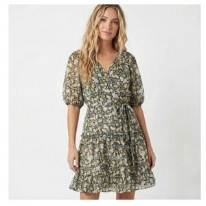 NWT Current Air Floral Bird Print Tiered Wrap Summer Dress Yellow Black‎ Sz M